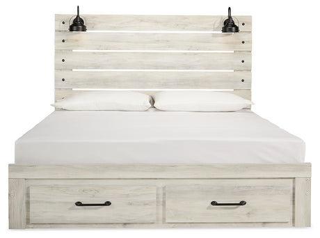 Cambeck King Panel Bed with 2 Storage Drawers with Mirrored Dresser and 2 Nightstands in Whitewash from Ashley Furniture - Luna Furniture