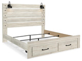 Cambeck King Panel Bed with 2 Storage Drawers with Mirrored Dresser and 2 Nightstands in Whitewash from Ashley Furniture - Luna Furniture