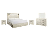 Cambeck King Panel Bed with 2 Storage Drawers with Mirrored Dresser and 2 Nightstands in Whitewash from Ashley Furniture - Luna Furniture
