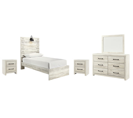 Cambeck Twin Panel Bed with Mirrored Dresser and 2 Nightstands in Whitewash from Ashley Furniture - Luna Furniture