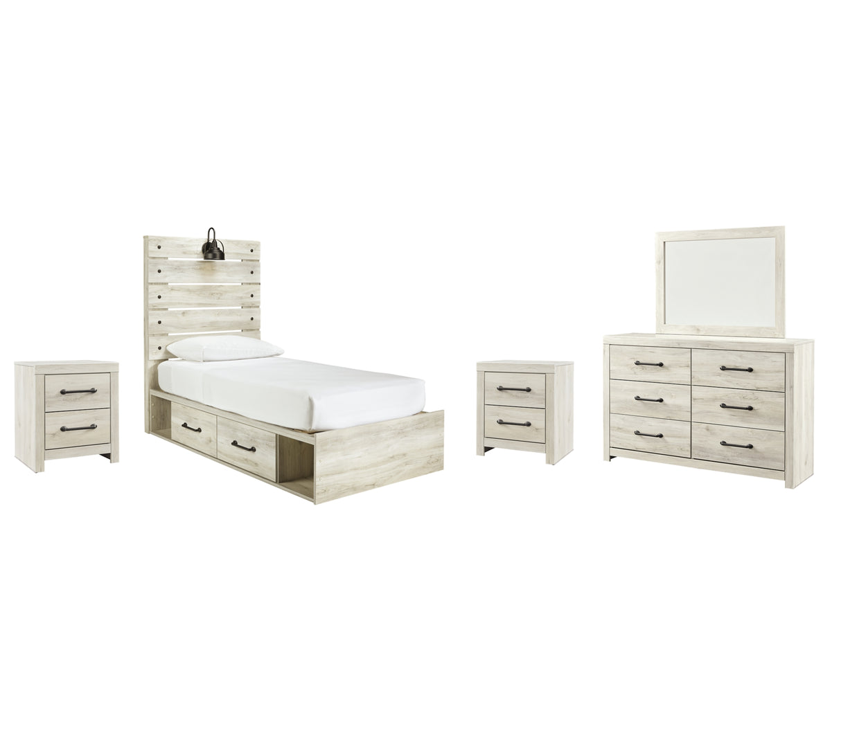 Cambeck Twin Panel Bed with 4 Storage Drawers with Mirrored Dresser and 2 Nightstands in Whitewash from Ashley Furniture - Luna Furniture