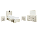 Cambeck Twin Panel Bed with 4 Storage Drawers with Mirrored Dresser and 2 Nightstands in Whitewash from Ashley Furniture - Luna Furniture