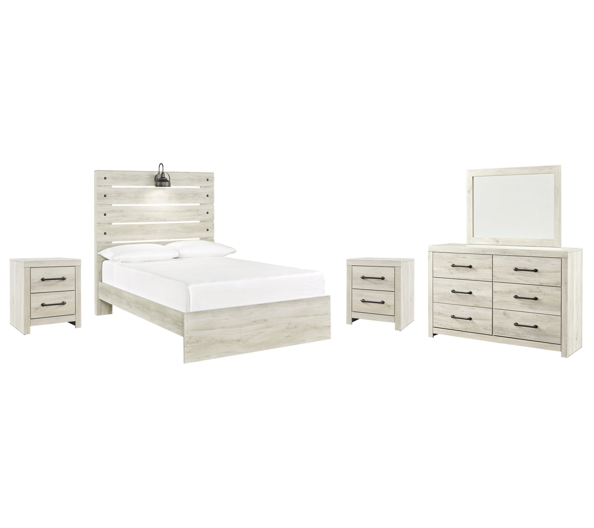 Cambeck Full Panel Bed with Mirrored Dresser and 2 Nightstands in Whitewash from Ashley Furniture - Luna Furniture