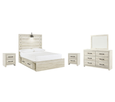 Cambeck Full Panel Bed with 4 Storage Drawers with Mirrored Dresser and 2 Nightstands in Whitewash from Ashley Furniture - Luna Furniture