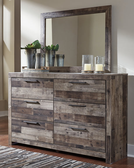 Derekson Queen Panel Bed with 6 Storage Drawers with Mirrored Dresser and 2 Nightstands in Multi Gray from Ashley Furniture - Luna Furniture