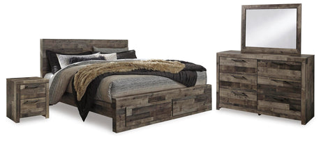 Derekson King Panel Bed with 2 Storage Drawers with Mirrored Dresser, Chest and 2 Nightstands in Multi Gray from Ashley Furniture - Luna Furniture