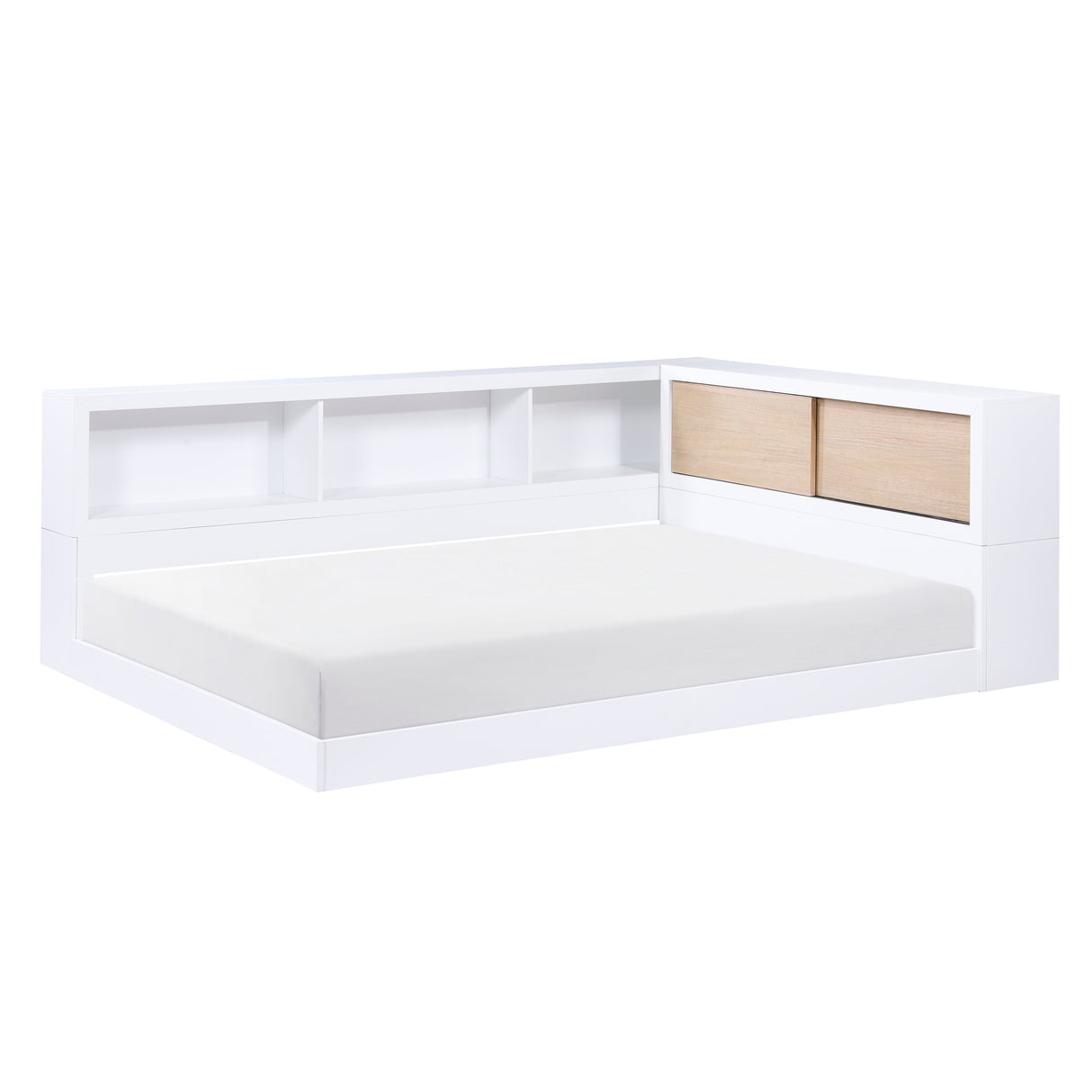 B2012BCT-1* (3) Twin Bookcase Bed, side profile with left cabinet extension, white and natural finish