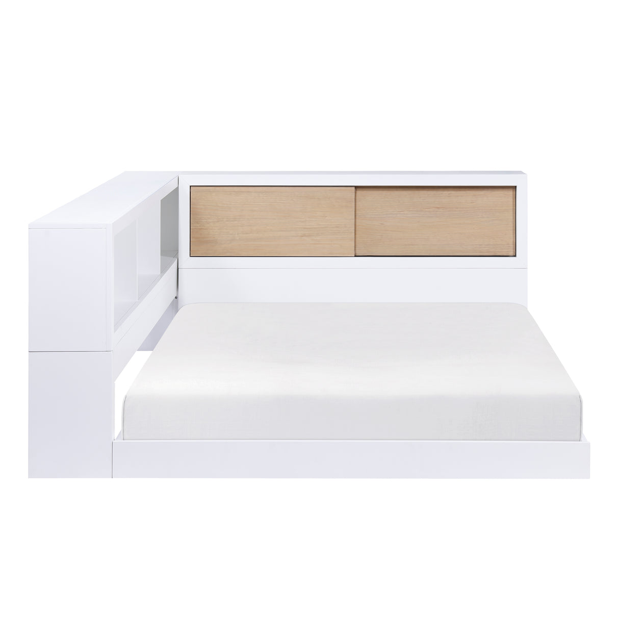 B2012BCT-1* (3) Twin Bookcase Bed, front view with open headboard shelves, white and natural finish