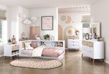 B2012BCT-1* (3) twin bookcase bed in a styled kids bedroom, white and natural finish