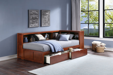 Rowe Dark Cherry Twin Bookcase Corner Bed with Storage Boxes from Homelegance - Luna Furniture