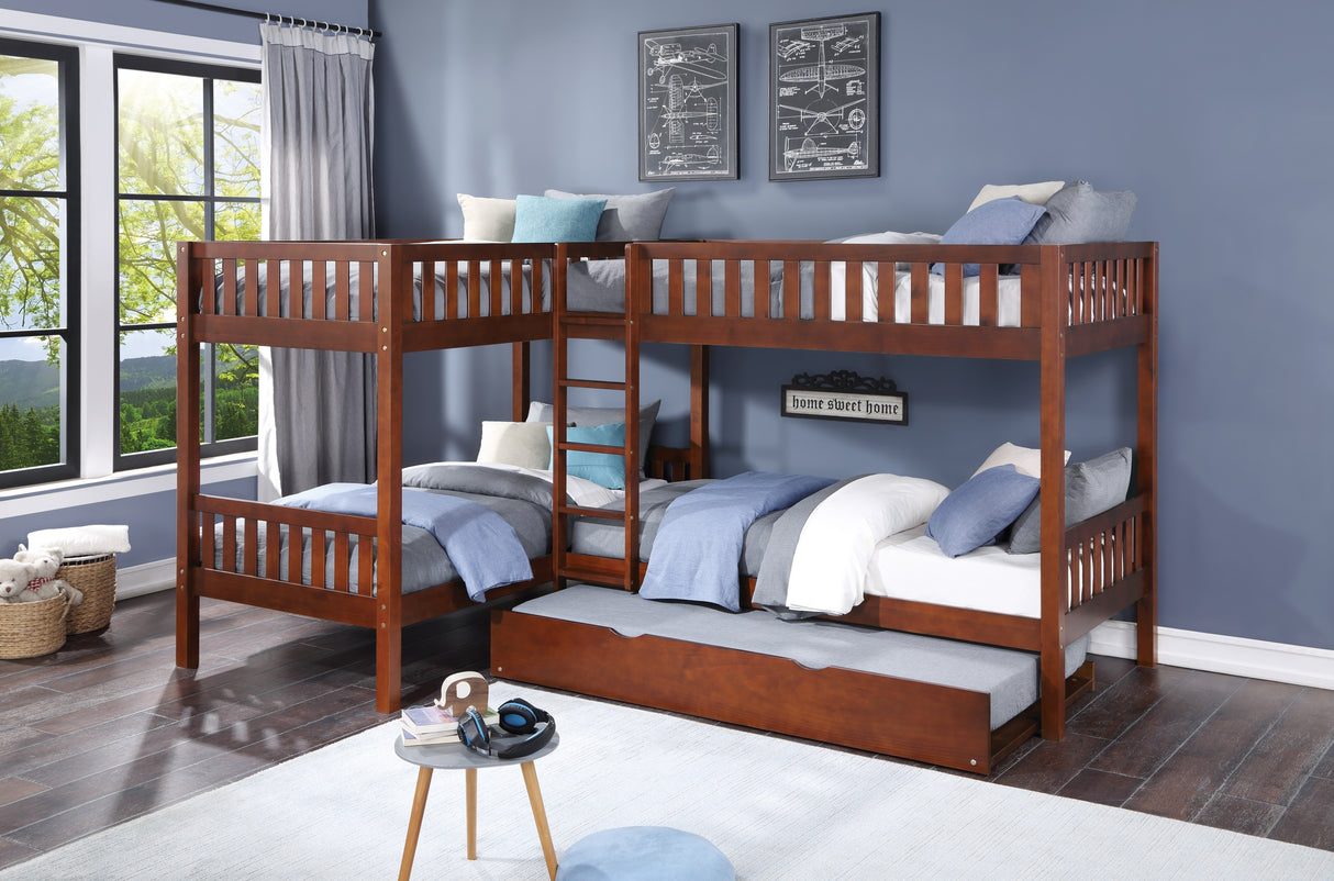 Rowe Dark Cherry Twin Corner Bunk Bed with Twin Trundle from Homelegance - Luna Furniture