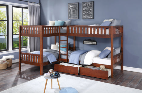 Rowe Dark Cherry Twin Corner Bunk Bed with Storage Boxes from Homelegance - Luna Furniture