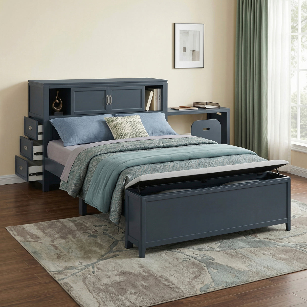 Sloane Navy Blue Full Bookcase Bed with Hidden Desk, Stool and Storage Bench from Homelegance - Luna Furniture