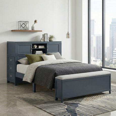 Sloane Navy Blue Full Bookcase Bed with Hidden Desk, Stool and Storage Bench from Homelegance - Luna Furniture