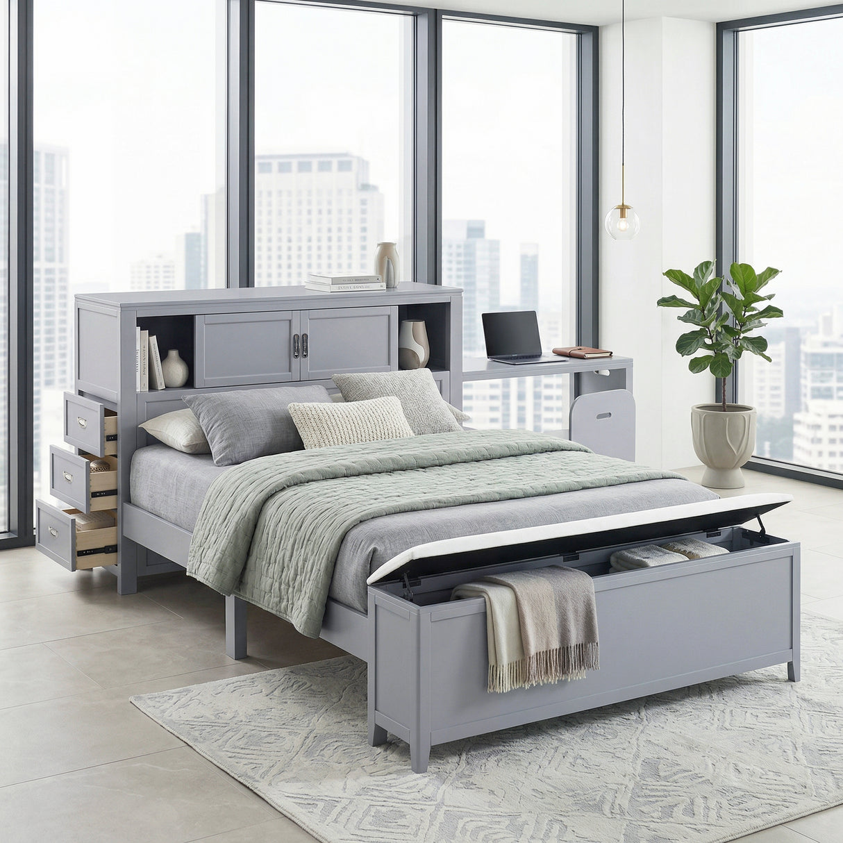 Sloane Gray Full Bookcase Bed with Hidden Desk, Stool and Storage Bench from Homelegance - Luna Furniture