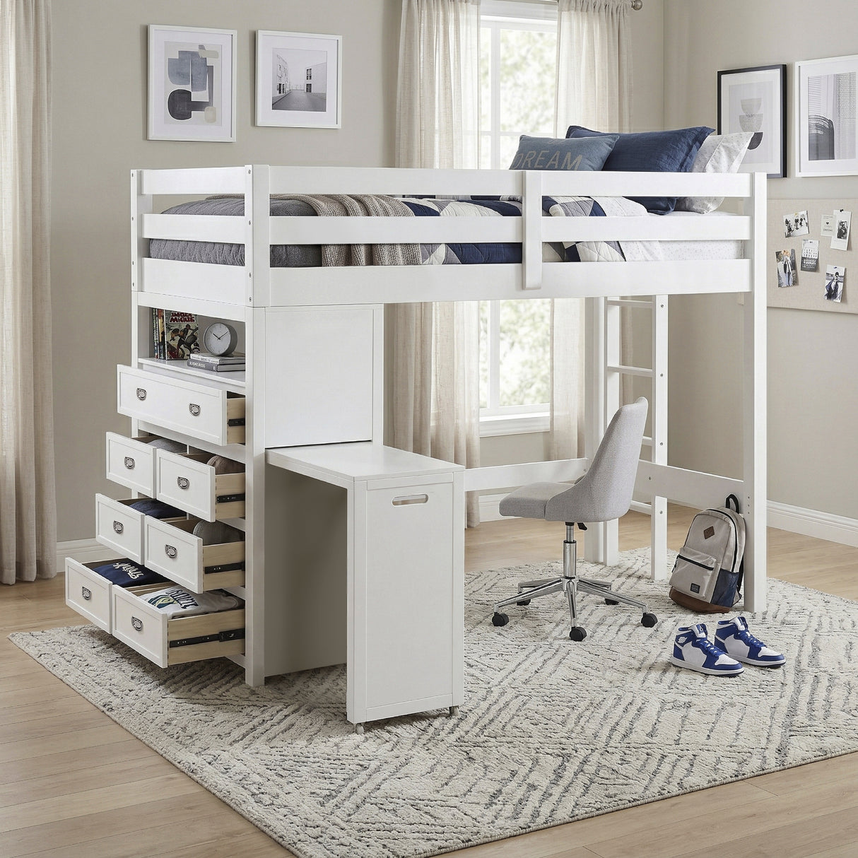 Sloane White Twin/Full Loft Bunk Bed with Chest and Hidden Desk from Homelegance - Luna Furniture