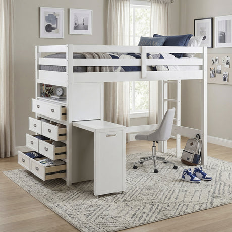 Sloane White Twin/Full Loft Bunk Bed with Chest and Hidden Desk from Homelegance - Luna Furniture