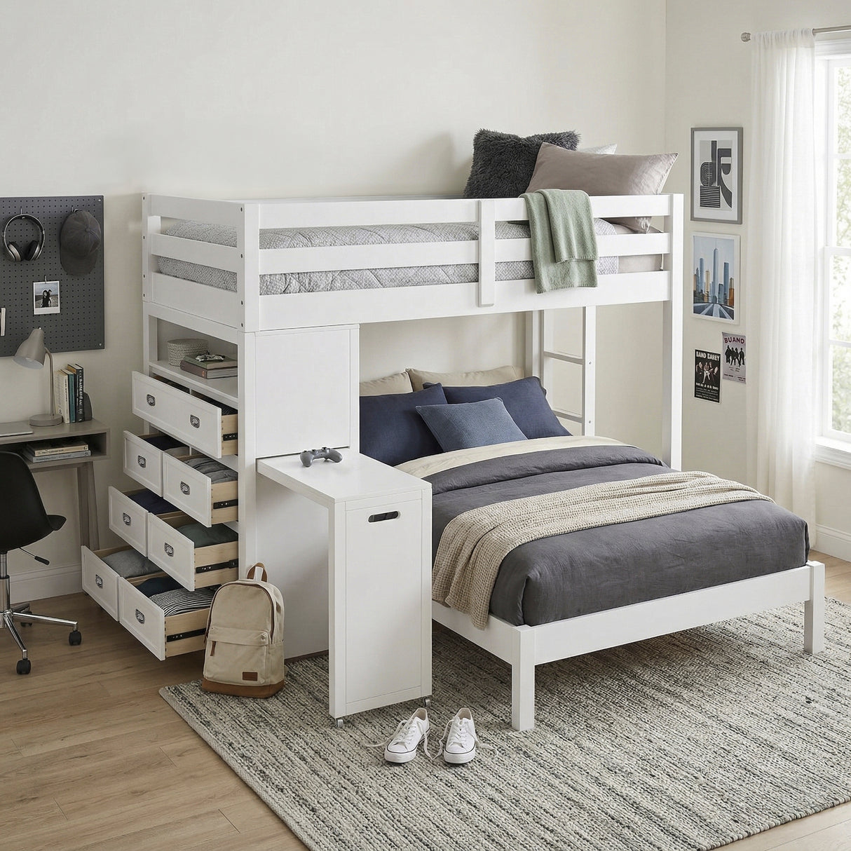 Sloane White Twin/Full Loft Bunk Bed with Chest and Hidden Desk from Homelegance - Luna Furniture