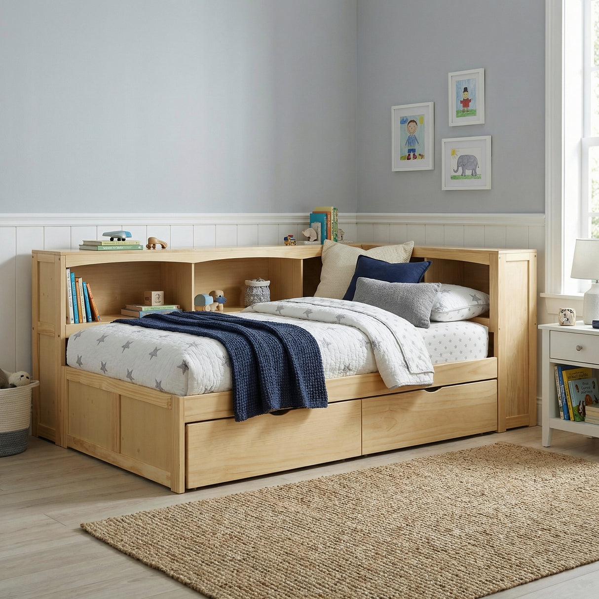 Bartly Pine Twin Bookcase Corner Bed with Storage Boxes from Homelegance - Luna Furniture