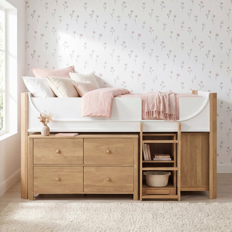 Liam White/Natural Low Loft Bed with 2-Shelf Bookcase, 4-Shelf Bookcase and Dresser from Homelegance - Luna Furniture