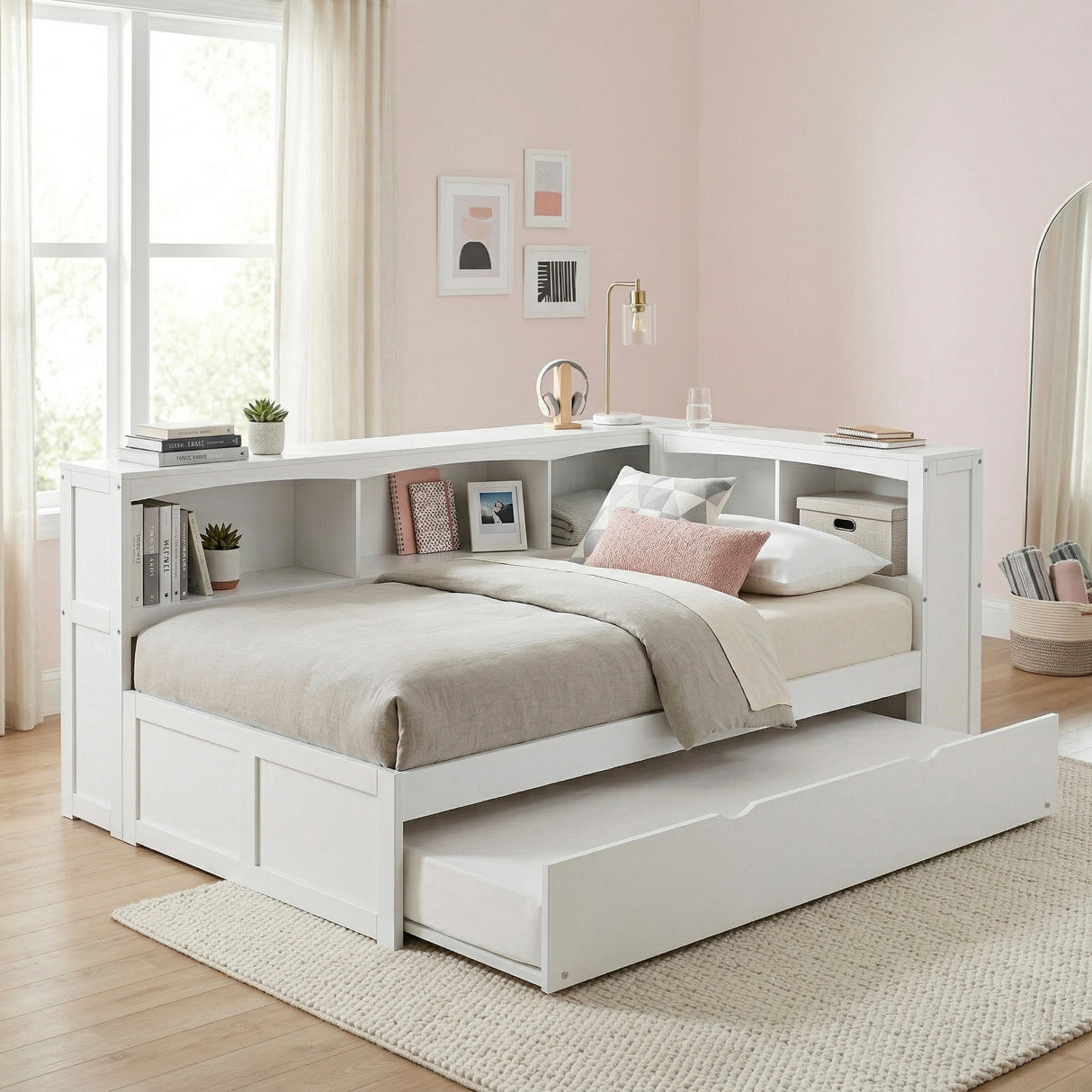 Galen White Twin Bookcase Corner Bed with Twin Trundle from Homelegance - Luna Furniture
