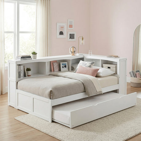 Galen White Twin Bookcase Corner Bed with Twin Trundle from Homelegance - Luna Furniture