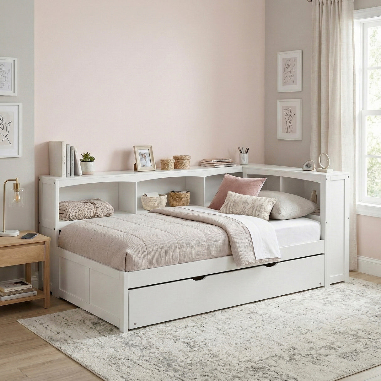 Galen White Twin Bookcase Corner Bed with Twin Trundle from Homelegance - Luna Furniture
