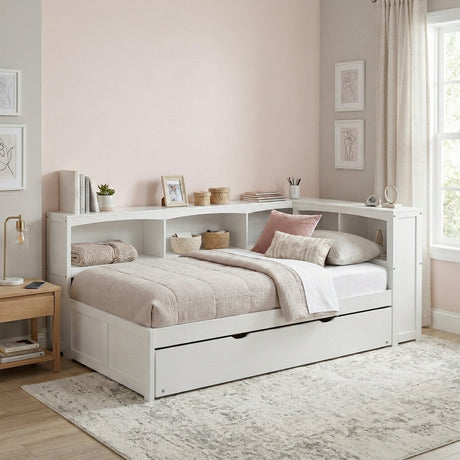 Galen White Twin Bookcase Corner Bed with Twin Trundle from Homelegance - Luna Furniture