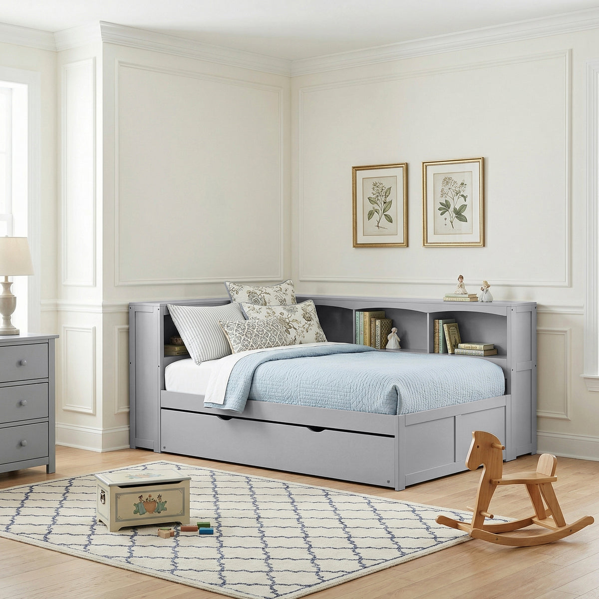 Orion Gray Twin Bookcase Corner Bed with Twin Trundle from Homelegance - Luna Furniture