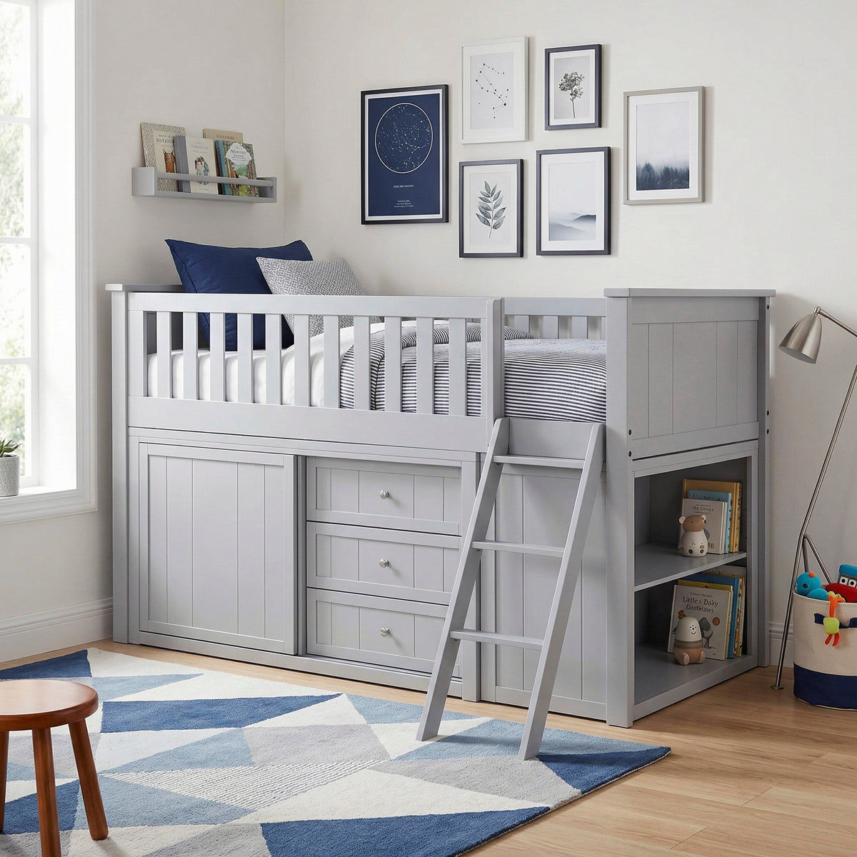Orion Gray Low Loft Bunk with Bookcase and Dresser
