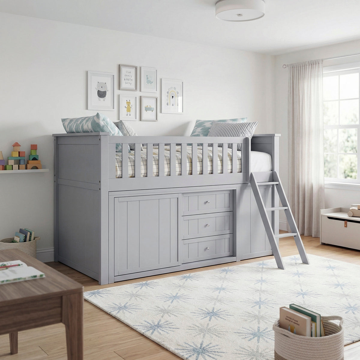 Orion Gray Low Loft Bunk with Bookcase and Dresser