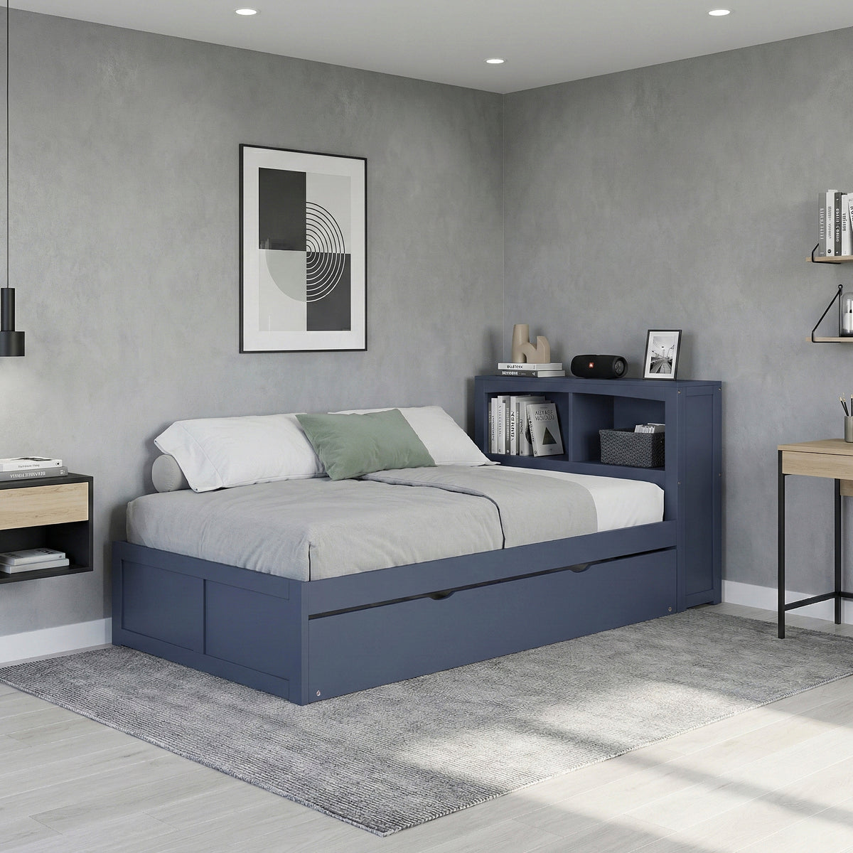 Nora Blue Twin Bookcase Corner Platform Bed
