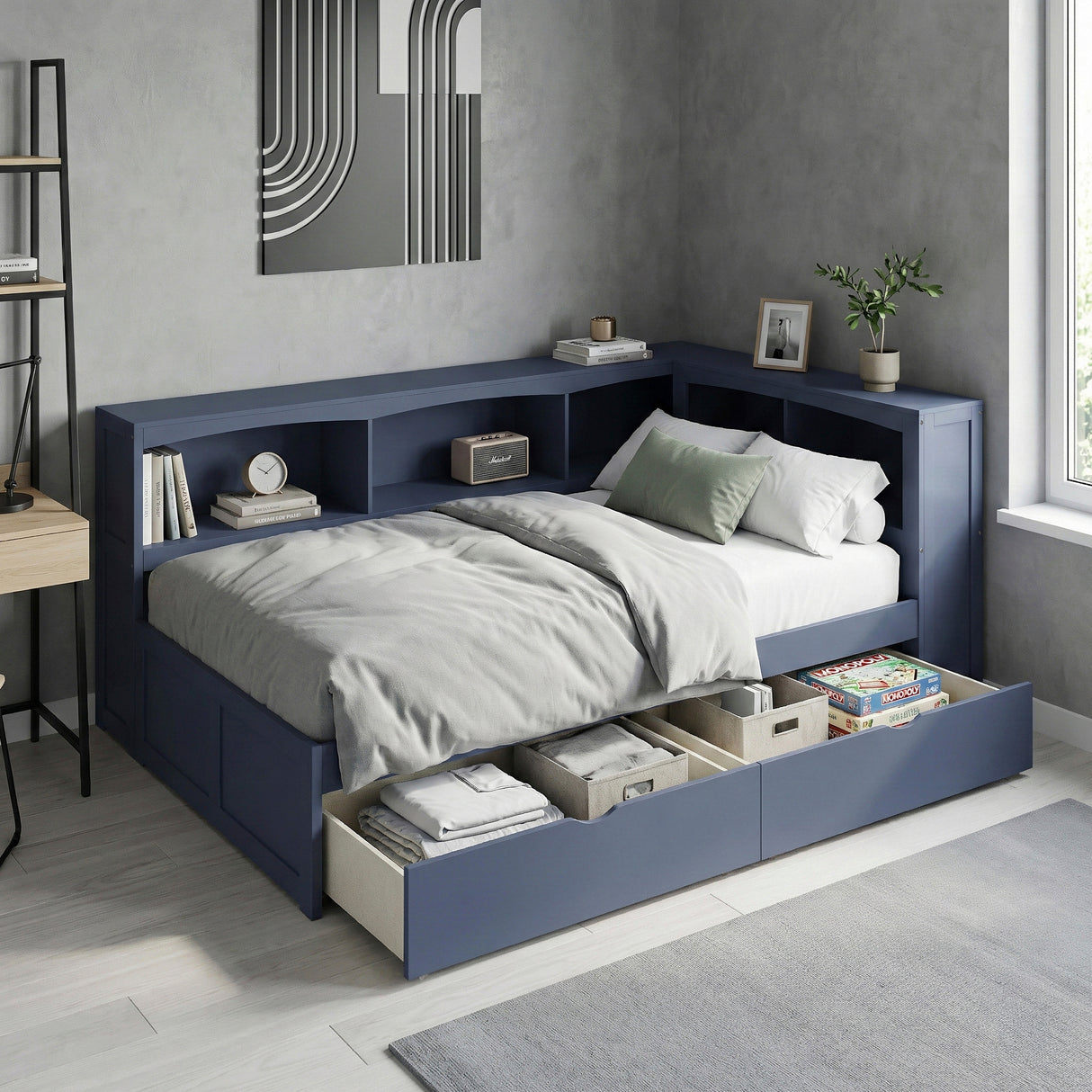 Nora Blue Twin Bookcase Corner Platform Bed from Homelegance - Luna Furniture