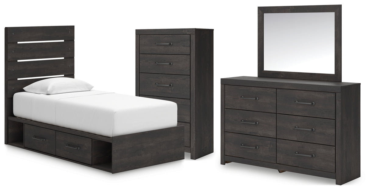 Hollivern Twin Panel Bed with Storage with Mirrored Dresser and Chest in Dark Gray from Ashley Furniture - Luna Furniture