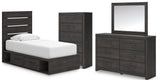 Hollivern Twin Panel Bed with Storage with Mirrored Dresser and Chest in Dark Gray from Ashley Furniture - Luna Furniture