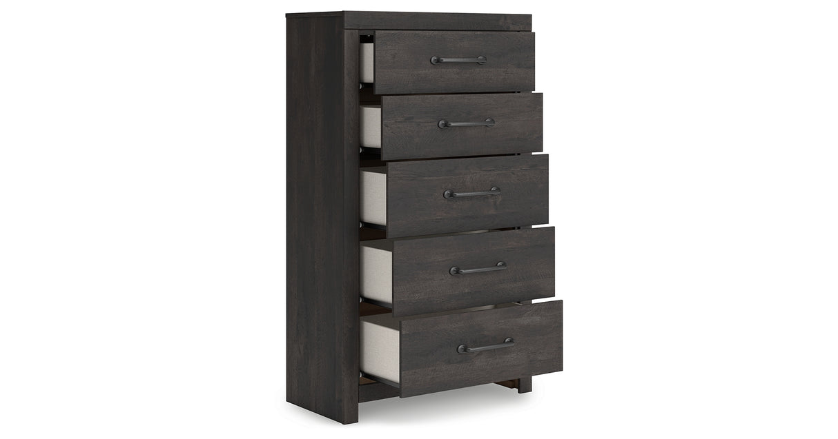 Hollivern Full Panel Bed with Mirrored Dresser and Chest in Dark Gray from Ashley - Luna Furniture