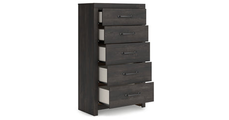 Hollivern Queen Panel Bed with Mirrored Dresser, Chest and 2 Nightstands in Dark Gray from Ashley Furniture - Luna Furniture