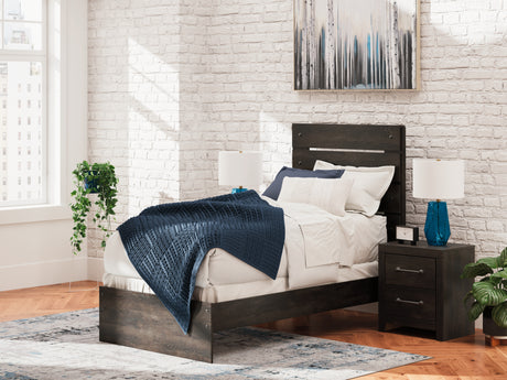 Hollivern Twin Panel Bed with Mirrored Dresser, Chest and Nightstand in Dark Gray from Ashley - Luna Furniture