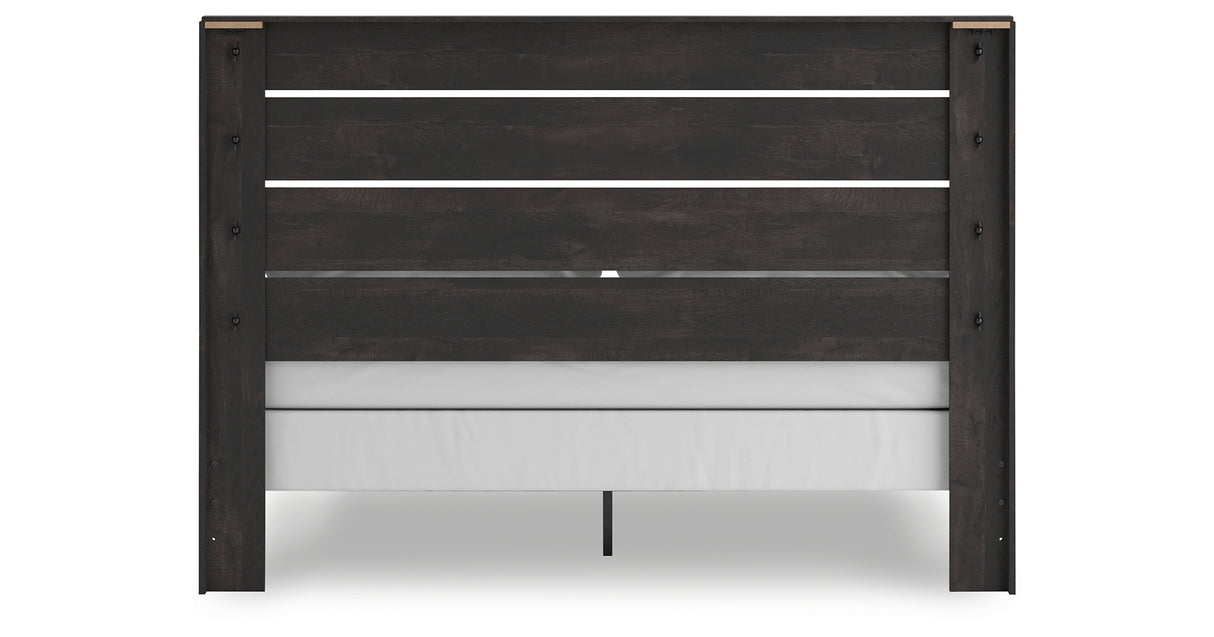 Hollivern King Panel Bed with Mirrored Dresser, Chest and 2 Nightstands in Dark Gray from Ashley Furniture - Luna Furniture