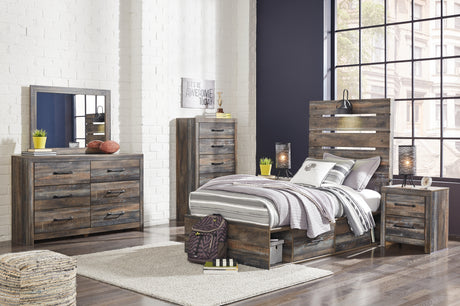 Drystan Twin Panel Bed with 4 Storage Drawers with Mirrored Dresser and Chest in Multi from Ashley Furniture - Luna Furniture