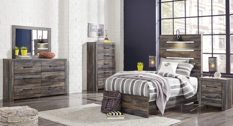 Drystan Twin Panel Bed with Mirrored Dresser, Chest and 2 Nightstands in Multi from Ashley Furniture - Luna Furniture