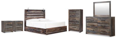 Drystan King Panel Bed with 2 Storage Drawers with Mirrored Dresser, Chest and 2 Nightstands in Multi from Ashley - Luna Furniture