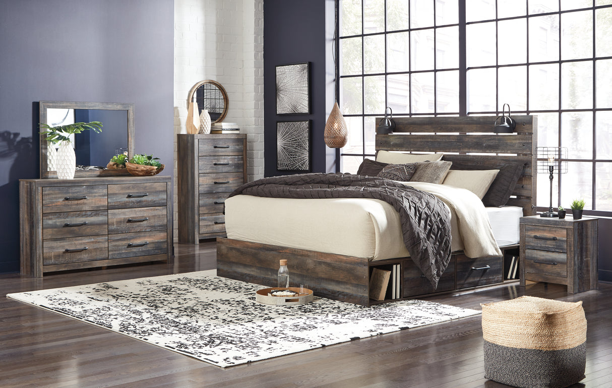 Drystan King Panel Bed with 4 Storage Drawers with Mirrored Dresser, Chest and 2 Nightstands in Multi from Ashley Furniture - Luna Furniture
