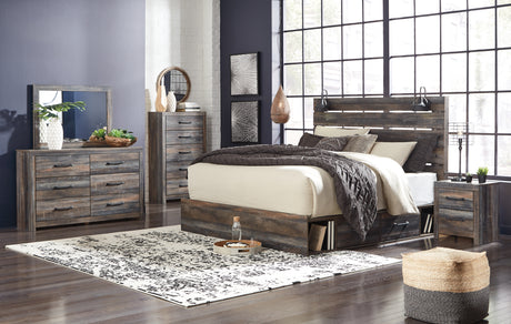 Drystan King Panel Bed with 4 Storage Drawers with Mirrored Dresser, Chest and 2 Nightstands in Multi from Ashley Furniture - Luna Furniture