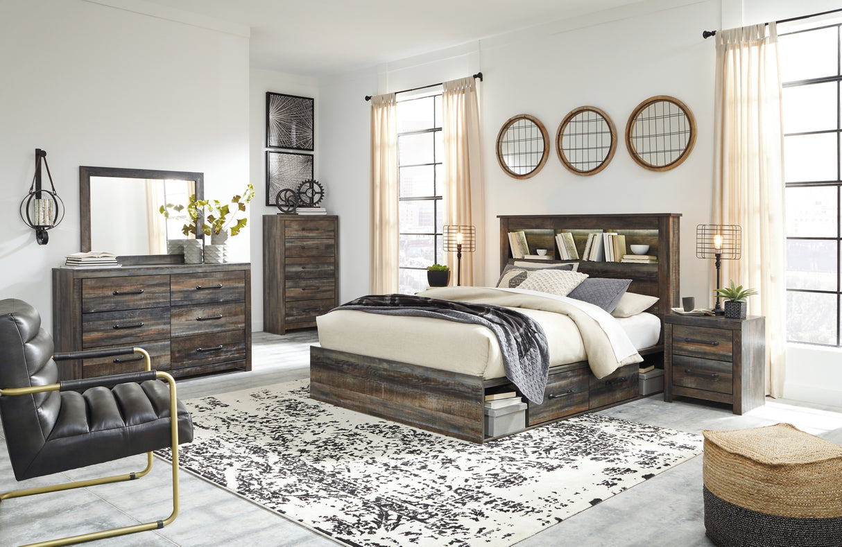 Drystan Queen Bookcase Bed with 2 Storage Drawers with Mirrored Dresser and 2 Nightstands in Multi from Ashley - Luna Furniture