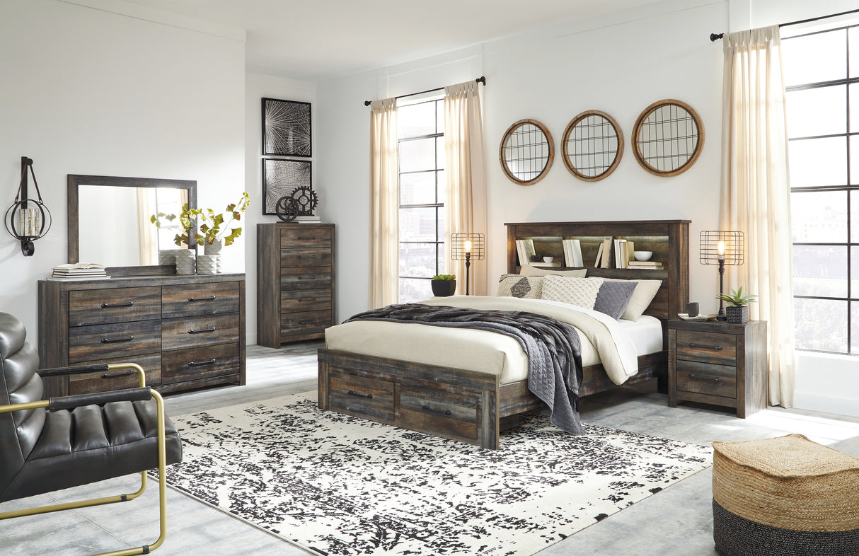 Drystan Queen Bookcase Bed with 2 Storage Drawers with Mirrored Dresser, Chest and 2 Nightstands in Multi from Ashley - Luna Furniture