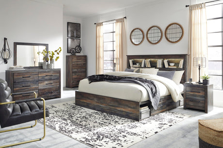 Drystan King Bookcase Bed with 2 Storage Drawers with Mirrored Dresser and 2 Nightstands in Multi from Ashley - Luna Furniture