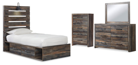 Drystan Twin Panel Bed with 4 Storage Drawers with Mirrored Dresser and Chest in Multi from Ashley Furniture - Luna Furniture