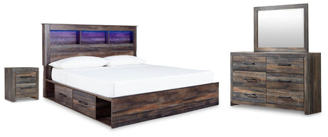 Drystan Multi King Bookcase Bed with 4 Storage Drawers with Mirrored Dresser and Nightstand from Ashley - Luna Furniture