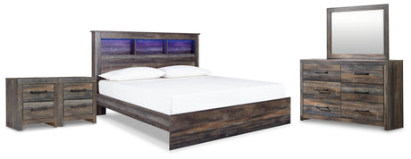 Drystan King Panel Bookcase Bed with Mirrored Dresser and 2 Nightstands in Multi from Ashley Furniture - Luna Furniture